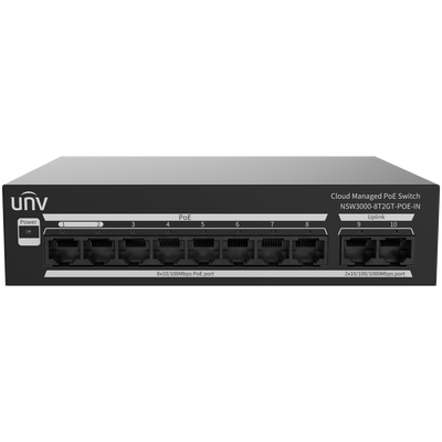 Uniview Switch PoE Cloud Managed - 8 PoE802.3af/at + 2 uplink RJ45  - 8 RJ45 10/100 Mbps + 2 RJ45 10/100/1000 Mbps - 30W per porta 802.3af/at / Massimo 120W - VLAN/Port Isolation/Loop Detection - Limite di Velocità della Porta