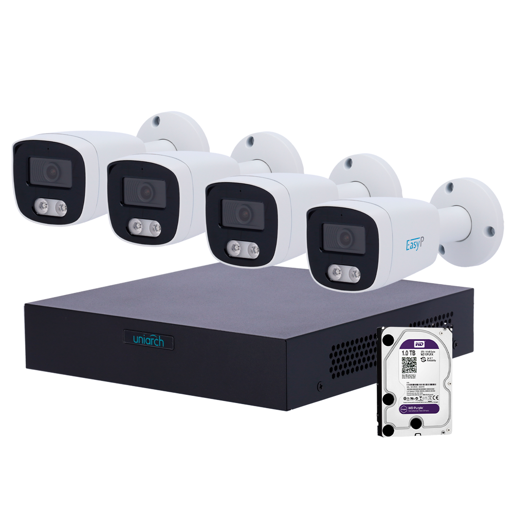 Kit di videosorveglianza Uniarch - NVR a 8 canali IP | 1 TB HDD - 4 Telecamere bullet IP67 - Plug &amp; Play | UMD | PoE - Rilevamento di Persone e Veicoli - Interfaccia WEB