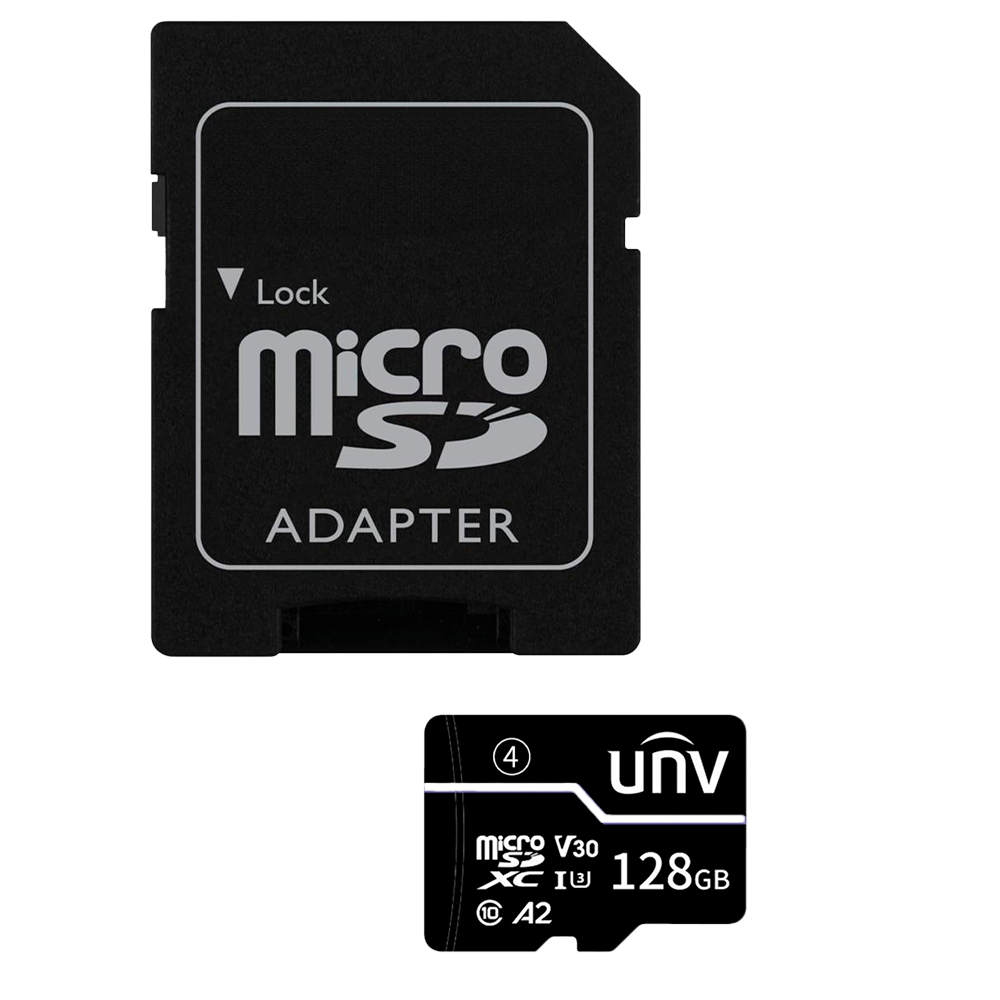 Scheda di memoria con adattatore Uniview - microSD | Capacità 128 GB - Classe 10 | Velocità di scrittura 35 MB/s - Fino a 500 cicli di scrittura - Formato exFAT - Ideale per cellulari
