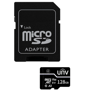 Scheda di memoria con adattatore Uniview - microSD | Capacità 128 GB - Classe 10 | Velocità di scrittura 35 MB/s - Fino a 500 cicli di scrittura - Formato exFAT - Ideale per cellulari