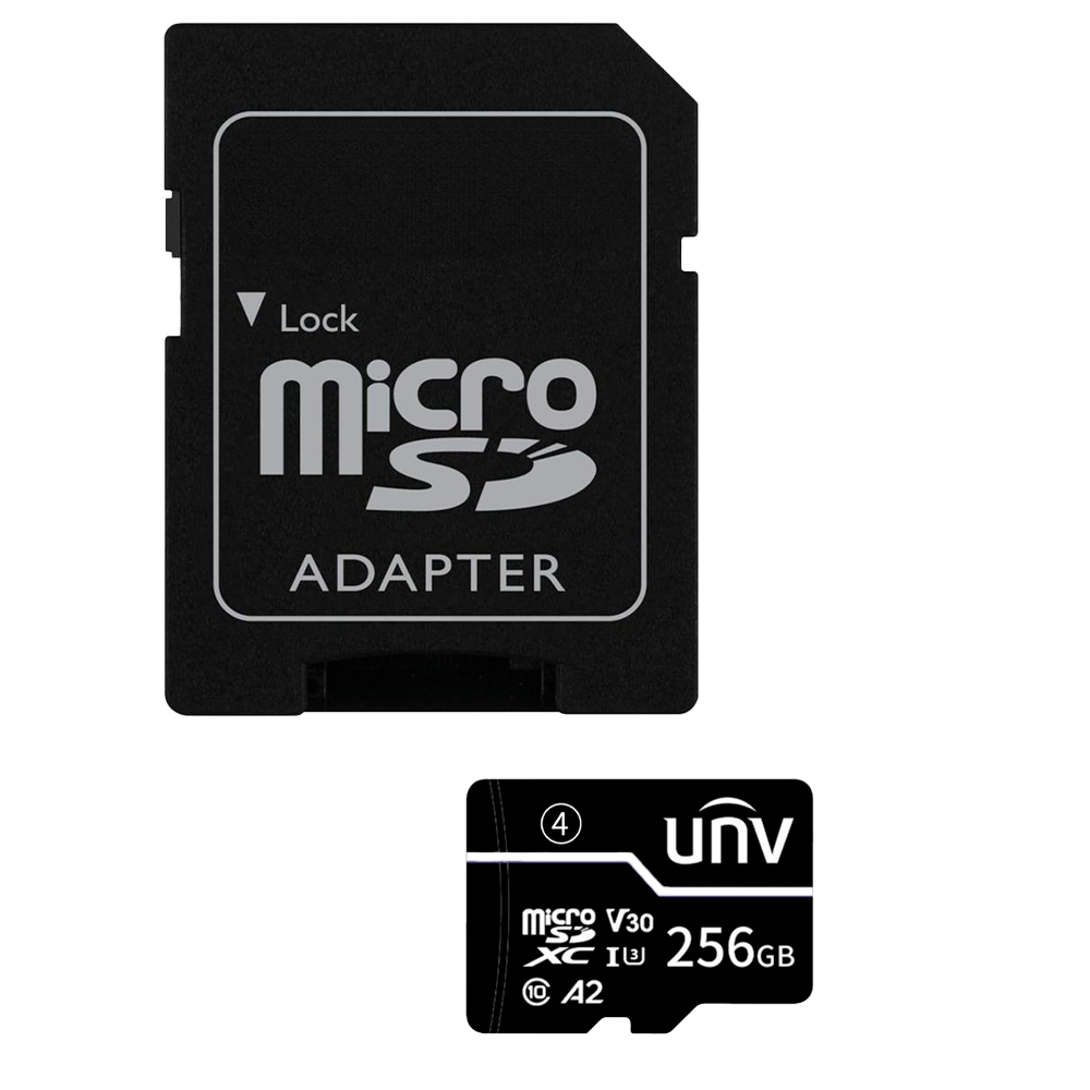 Scheda di memoria con adattatore Uniview - microSD | Capacità 256 GB - Classe 10 | Velocità di scrittura 35 MB/s - Fino a 500 cicli di scrittura - Formato exFAT - Ideale per cellulari