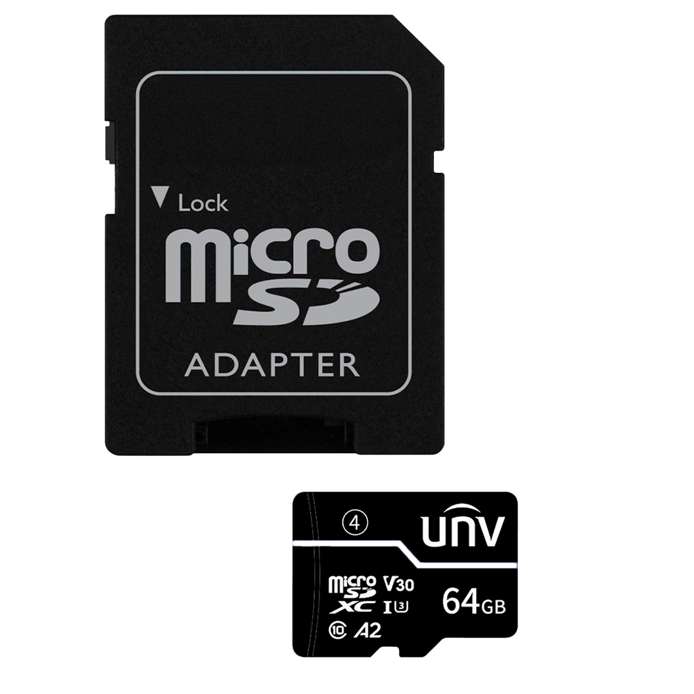 Scheda di memoria con adattatore Uniview - microSD | Capacità 64 GB - Classe 10 | Velocità di scrittura 35 MB/s - Fino a 500 cicli di scrittura - Formato exFAT - Ideale per cellulari