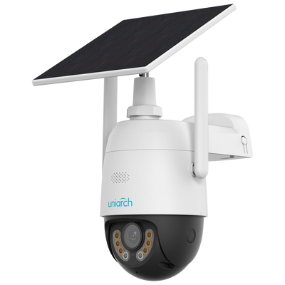 Cámara Domo IP - Gama Uniarch  - 3 MP | Lente 4 mm | microSD 512 GB - Luz blanca 30 m | IR 30 m  - 4G | Batería solar | AOV | UMD - Mic | Altavoz | IP66