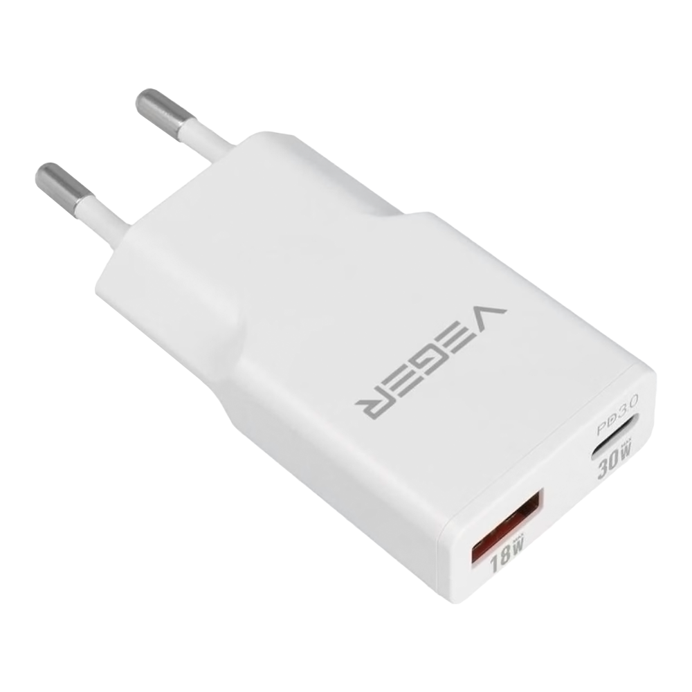 VEGER - Cargador USB QC3.0 / PD3.0 - Potencia 30W - Carga 2 dispositivos a la vez - Salidas USB-A