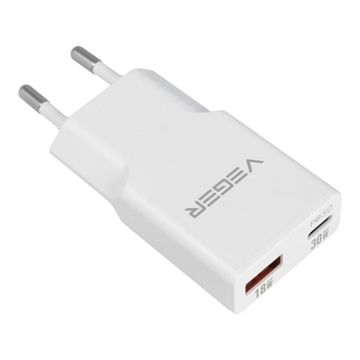 VEGER - Cargador USB QC3.0 / PD3.0 - Potencia 30W - Carga 2 dispositivos a la vez - Salidas USB-A
