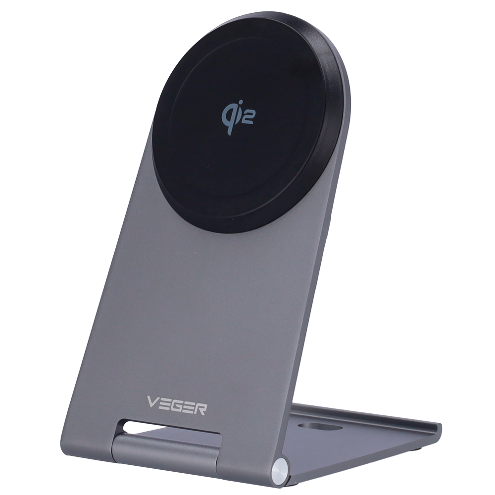 Caricabatterie wireless VEGER - Potenza 15W - Ingresso USB-C - Ricarica veloce - Uscita wireless | MagSafe - Con supporto pieghevole | Colore argento