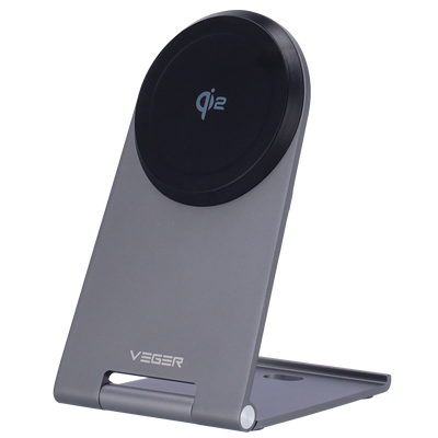 Caricabatterie wireless VEGER - Potenza 15W - Ingresso USB-C - Ricarica veloce - Uscita wireless | MagSafe - Con supporto pieghevole | Colore argento