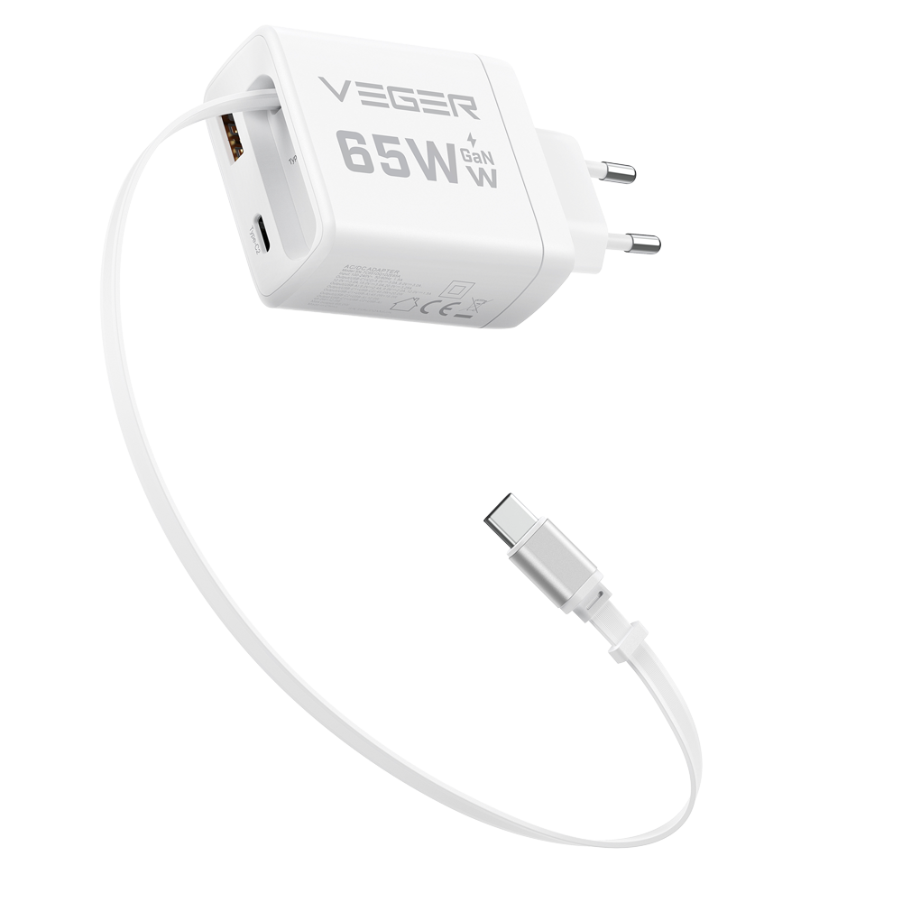 FENIVA | VEGER - Cargador de pared - Carga rápida 65W |  Con tecnología GaN - Salidas USB-C, USB-A - Cable USB-C a USB-C retráctil integrado - Color blanco