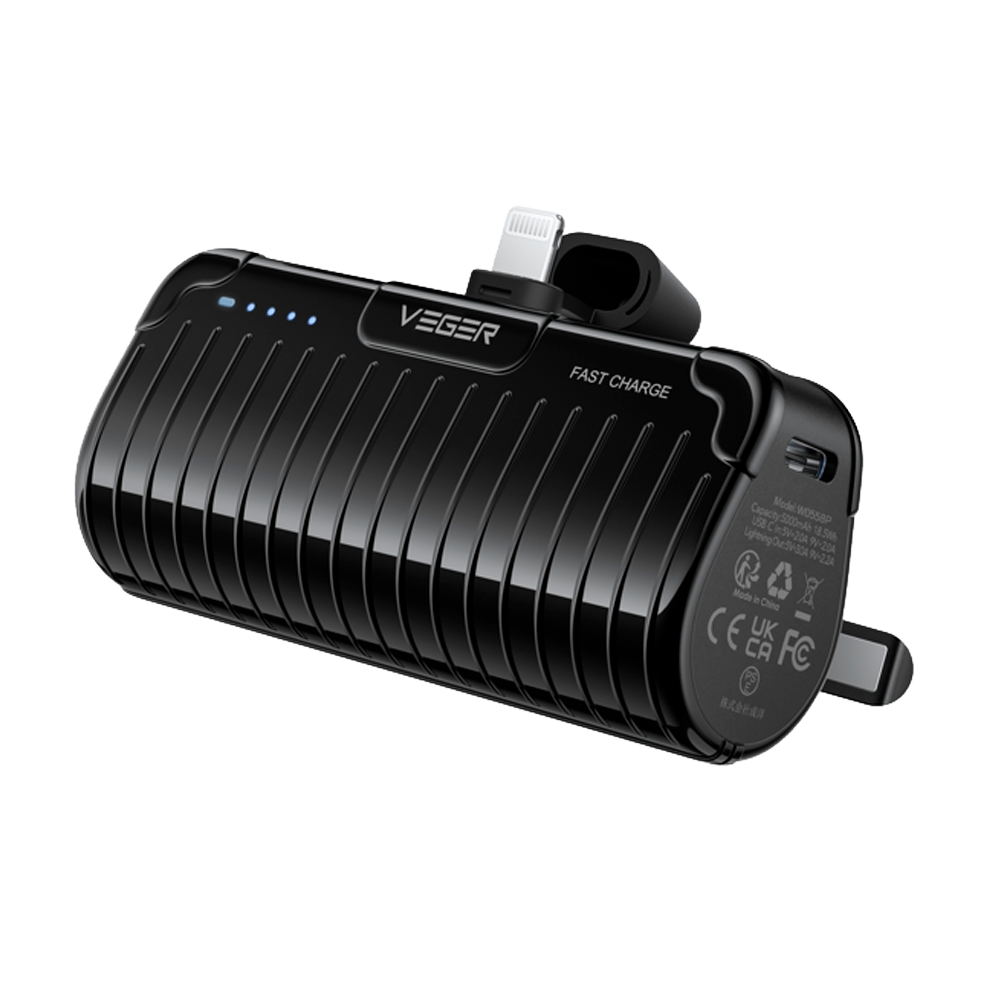 VEGER Mini Power bank con LED di ricarica - Capacità 5000mAh - Ingresso USB-C - Uscita connettore Lightning - Carica 1 dispositivo - Ricarica rapida PD20W | Supporto pieghevole