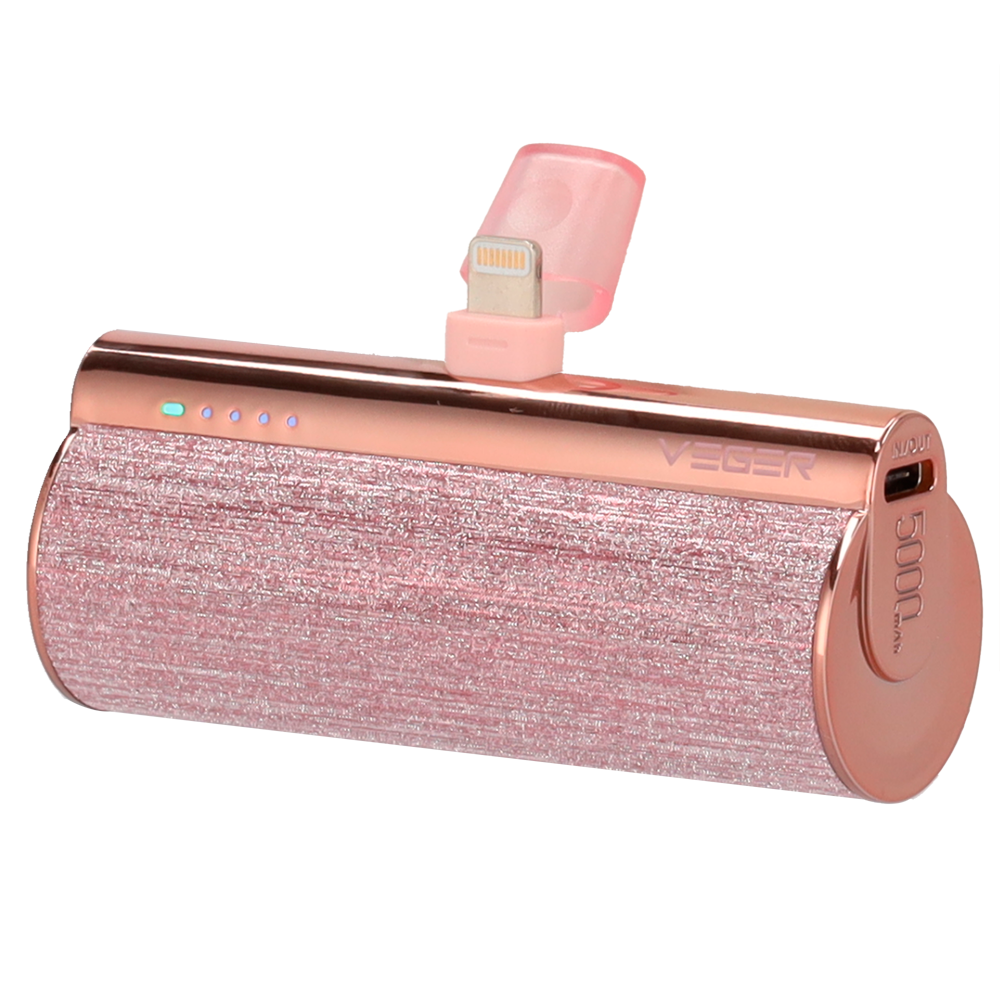VEGER Mini Power bank con LED di ricarica - Capacità 5000mAh - Ingresso USB-C - Uscita connettore Lightning - Carica 1 dispositivo - Colore rosa metallizzato