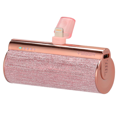 VEGER Mini Power bank con LED di ricarica - Capacità 5000mAh - Ingresso USB-C - Uscita connettore Lightning - Carica 1 dispositivo - Colore rosa metallizzato