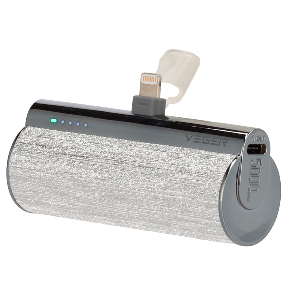 VEGER Mini Power bank con LED di ricarica - Capacità 5000mAh - Ingresso USB-C - Uscita connettore Lightning - Carica 1 dispositivo - Color Argento