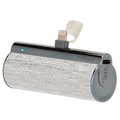 VEGER Mini Power bank con LED di ricarica - Capacità 5000mAh - Ingresso USB-C - Uscita connettore Lightning - Carica 1 dispositivo - Color Argento