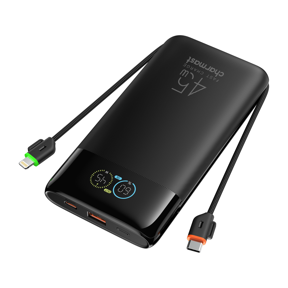 FENIVA | VEGER Power Bank con pantalla digital - Capacidad 20000mAh - Entradas 2x USB-C, 1x USB-A y cables integrados - Salidas 2x USB-C, 1x USB-A y cables integrados - Cables integrados: 2x USB-C - Carga rápida | 4 dispositivos a la vez