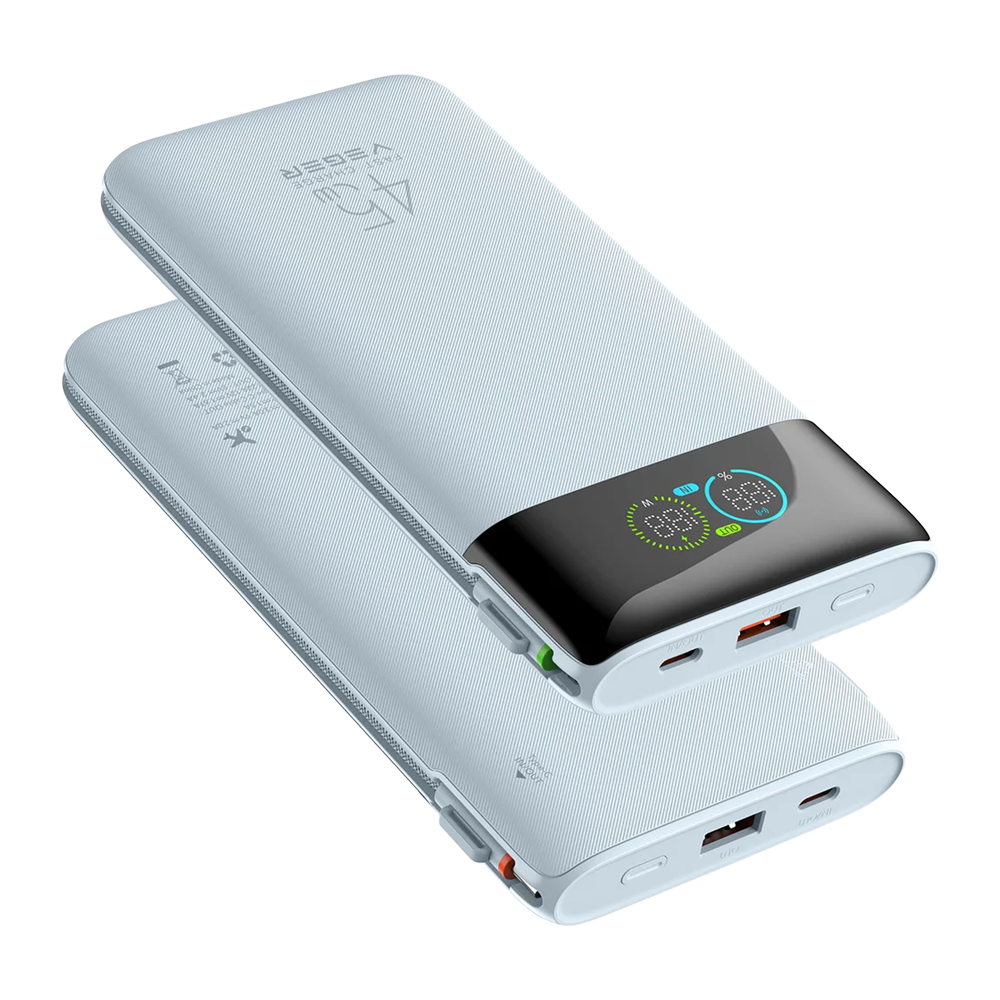 FENIVA | VEGER Power Bank con pantalla digital - Capacidad 20000mAh - Entradas 2x USB-C, 1x USB-A y cables integrados - Salidas 2x USB-C, 1x USB-A y cables integrados - Cables integrados: 2x USB-C - Carga rápida | 4 dispositivos a la vez