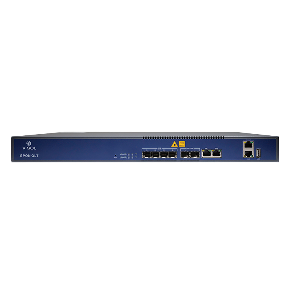 V-SOL 4 Puertos Pon Gpon OLT  - 2 Puertos RJ45 10/100/1000 Mbps +  Puerto SFP+ 1/10Gigabit - Hasta 128 ONT por equipo - Distancia de transmisión hasta 20 km - Enrutamiento Capa 3 ( NAT