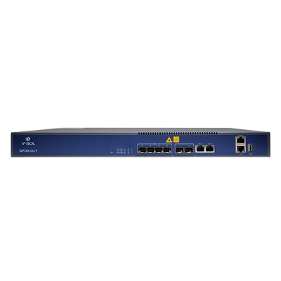 V-SOL 4 Puertos Pon Gpon OLT  - 2 Puertos RJ45 10/100/1000 Mbps +  Puerto SFP+ 1/10Gigabit - Hasta 128 ONT por equipo - Distancia de transmisión hasta 20 km - Enrutamiento Capa 3 ( NAT