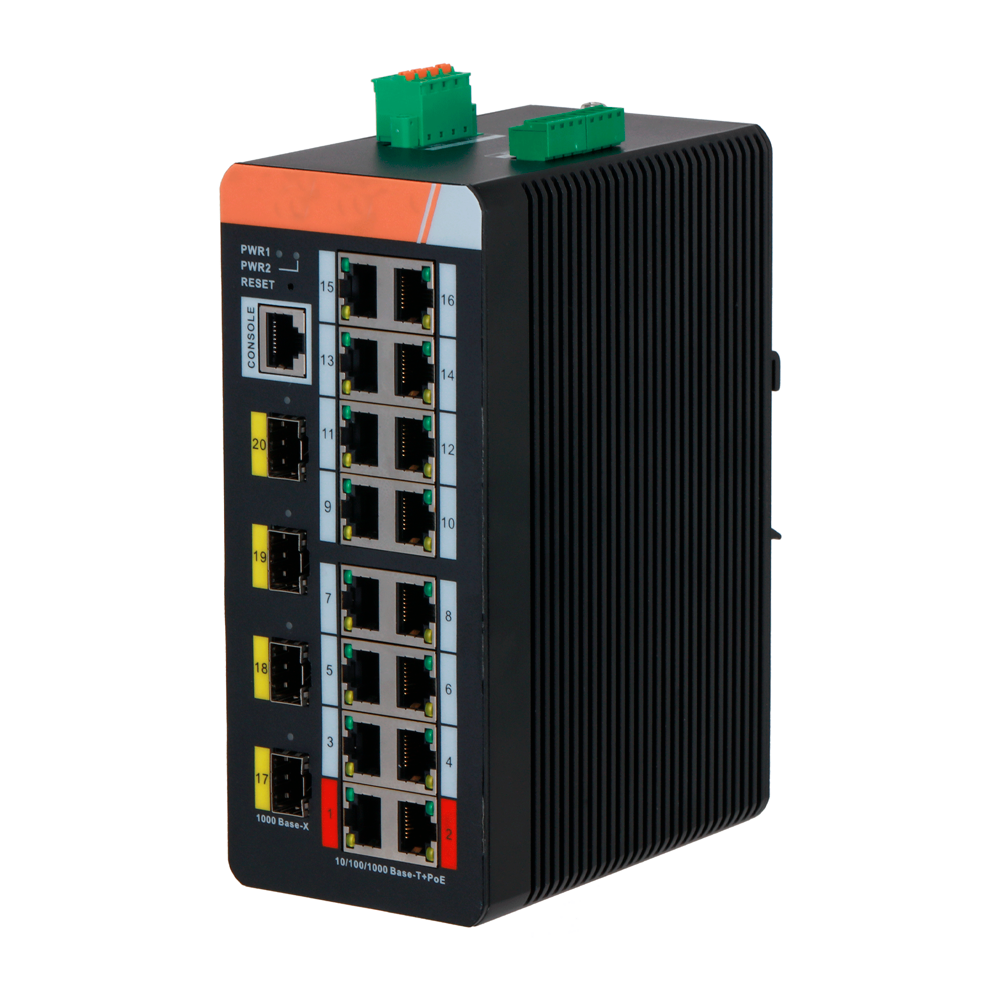 Switch PoE X-Security su Guida DIN - 16 porte PoE RJ45 + 4 porte SFP - Velocità 10/100/1000 Mbps - 90W porte 1-2 / 30W porte 3-8 / Massimo 240W - PoE/PoE+/Hi-PoE / Fino a 250m / PoE Watchdog - VLAN/STP/RSTP/ERPS/LACP/StaticLAG/IGMP Snooping