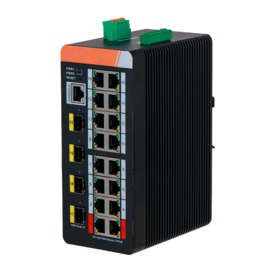 Switch PoE X-Security su Guida DIN - 16 porte PoE RJ45 + 4 porte SFP - Velocità 10/100/1000 Mbps - 90W porte 1-2 / 30W porte 3-8 / Massimo 240W - PoE/PoE+/Hi-PoE / Fino a 250m / PoE Watchdog - VLAN/STP/RSTP/ERPS/LACP/StaticLAG/IGMP Snooping
