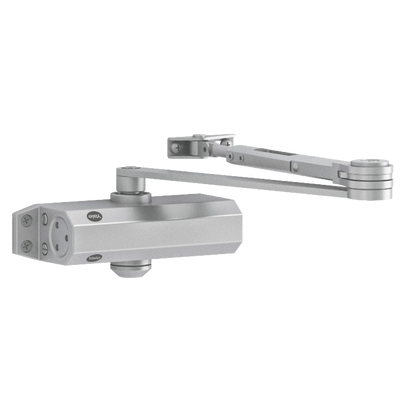 Chiudiporta con braccio articolato - Montato a parete e reversibile - Apertura con forza ridotta - Per porte fino a 80 kg e 1100 mm - Velocità regolabile - Adatto per qualsiasi tipo di porta