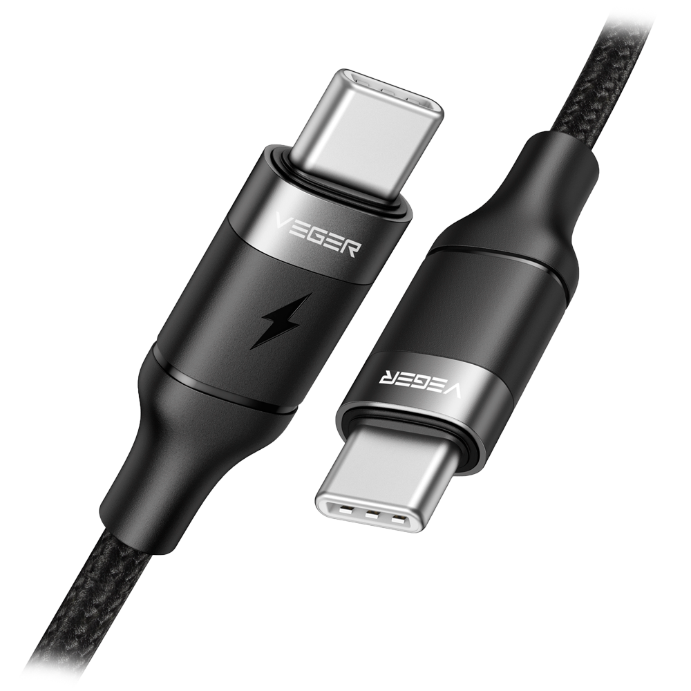 Veger - Cavo USB2.0 per portatili - Ricarica veloce PD100W - Da USB-C a USB-C - Guaina in metallo, Nylon intrecciato  - Lunghezza 1.5m