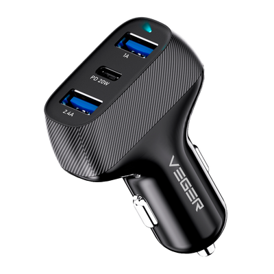 VEGER - Accendisigari per auto - Potenza 37W - Ricarica veloce 20W - Uscite 2 USB-A, USB-C - Colore nero