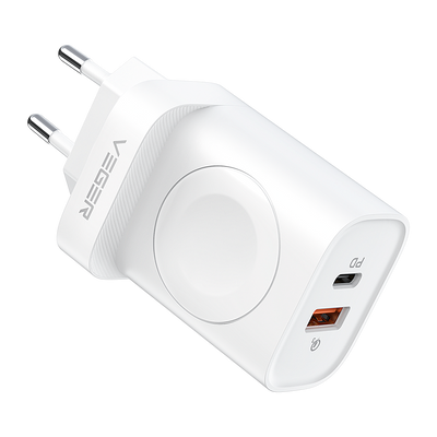 VEGER - Caricabatterie wireless - Potenza 25W - Ricarica veloce 22.5W - Uscite 1USB-A ,1 USB-C e wireless iWatch - Colore bianco