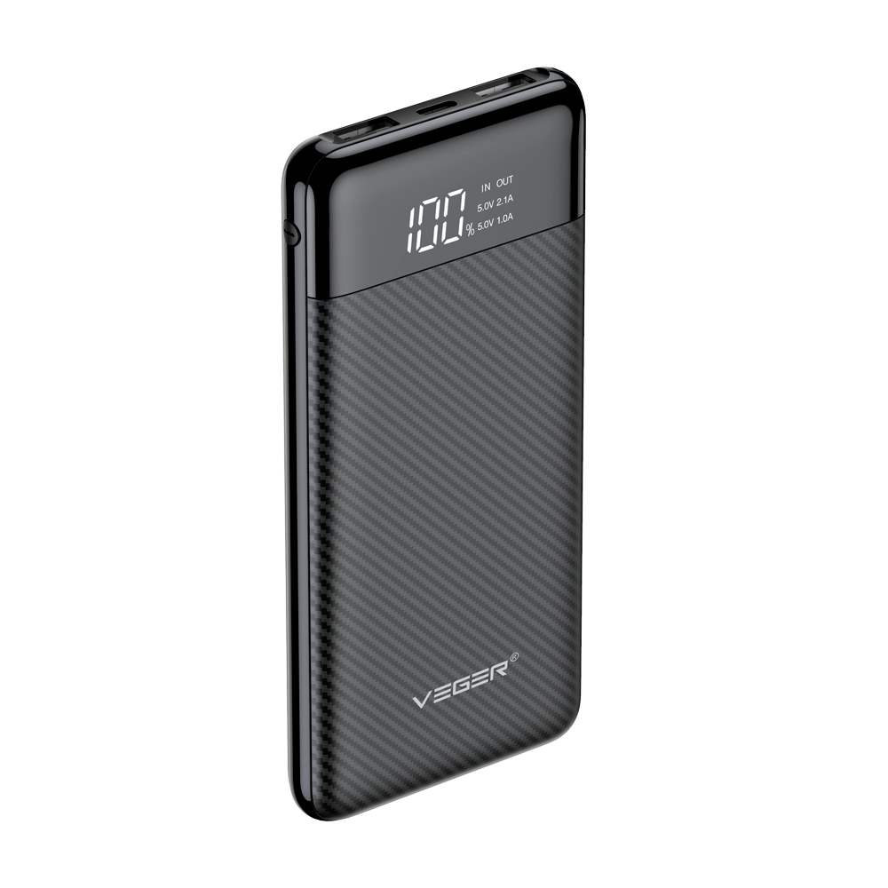 VEGER - Power bank con display LCD - Capacità 10000mAh - Ingressi Micro USB, USB-C, Uscite USB-C ,USB-A  - Ricarica di 2 dispositivi contemporaneamente