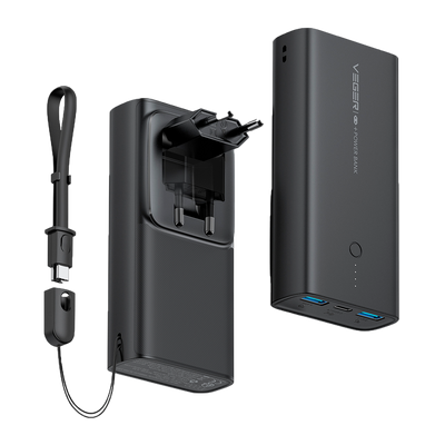 VEGER - Power bank con indicatore di ricarica a LED - Capacità 10000mAh - Ricarica rapida 22.5W | Spina UE - Ingressi AC ,USB-C | Uscite 1 USB-C , 2 USB-A - Ricarica di 3 dispositivi contemporaneamente