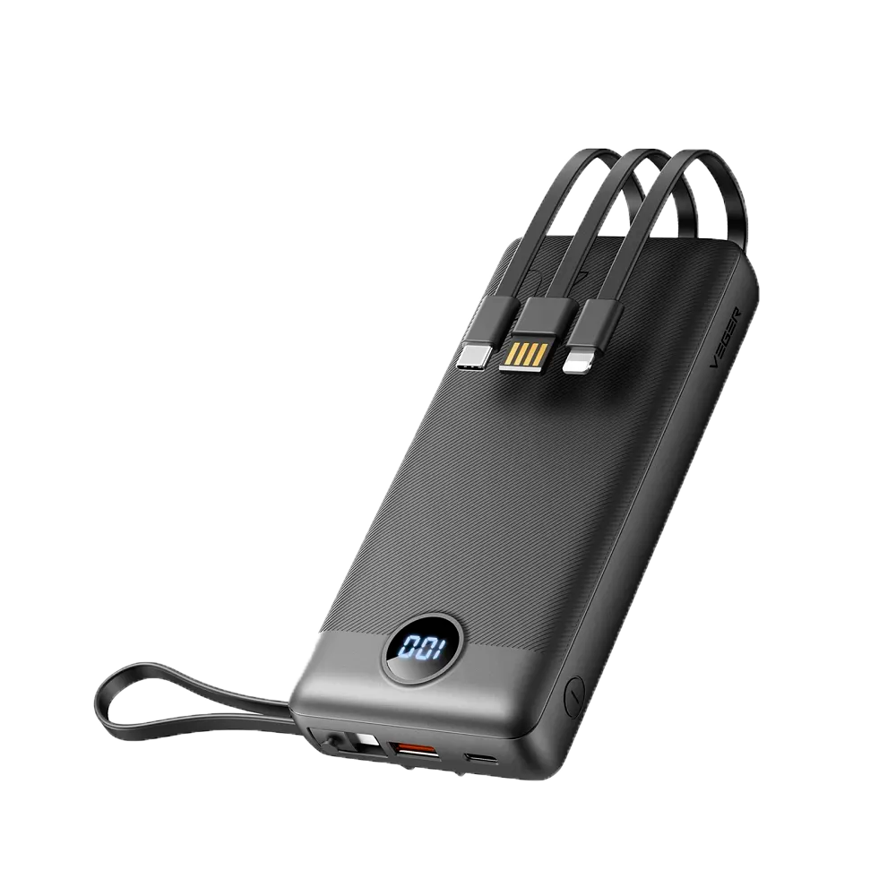 VEGER - Power bank con display LCD - Capacità 20000mAh  - Cavi integrati - Ingressi 1xCable USB-A, 1xPuerto USB-C - Ricarica di 4 dispositivi contemporaneamente
